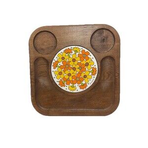 Vtg 1970’s Goodwood MCM  Wood Floral Ceramic Tile Cheese/charcuterie Board